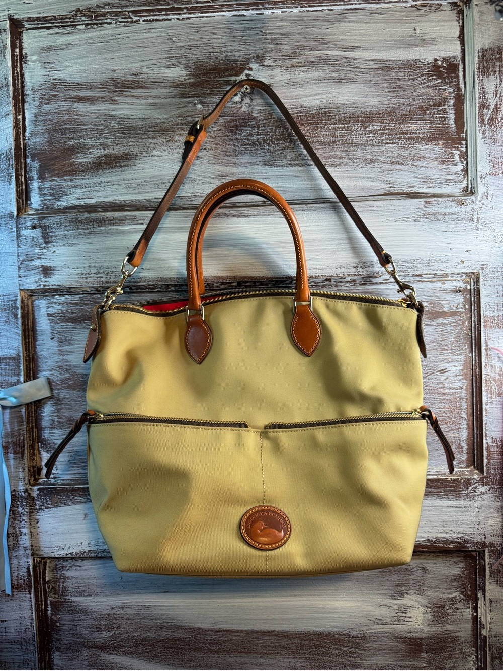 Dooney & Bourke Tan Canvas Satchel with Brown Leather Handles